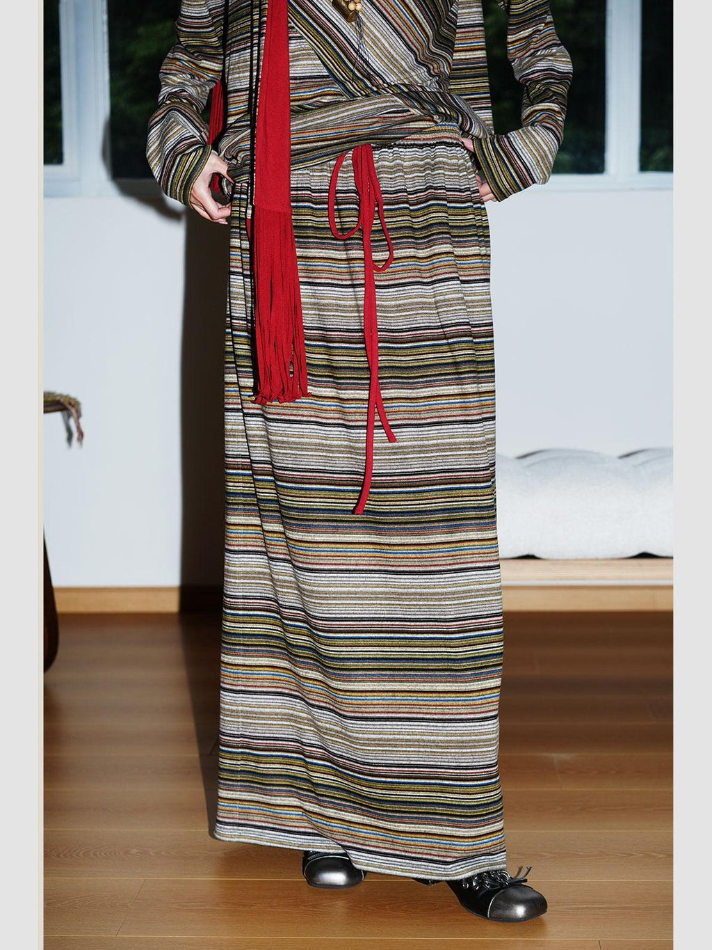 badtaste Striped Colorblock Drawstring Low Waist H Straight Women's Brushed Midi Skirts