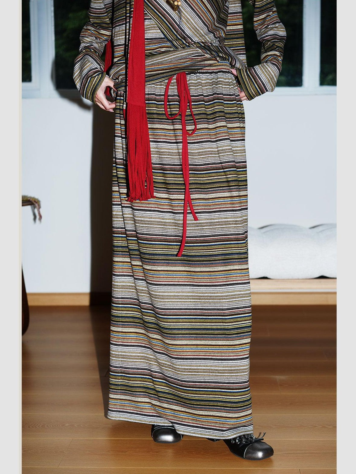 badtaste Striped Colorblock Drawstring Low Waist H Straight Women's Brushed Midi Skirts