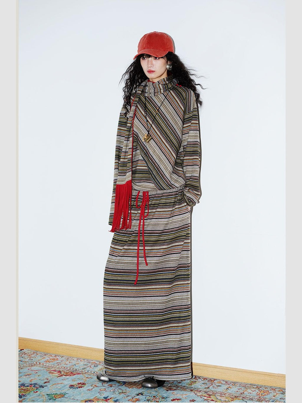 badtaste Striped Colorblock Drawstring Low Waist H Straight Women's Brushed Midi Skirts