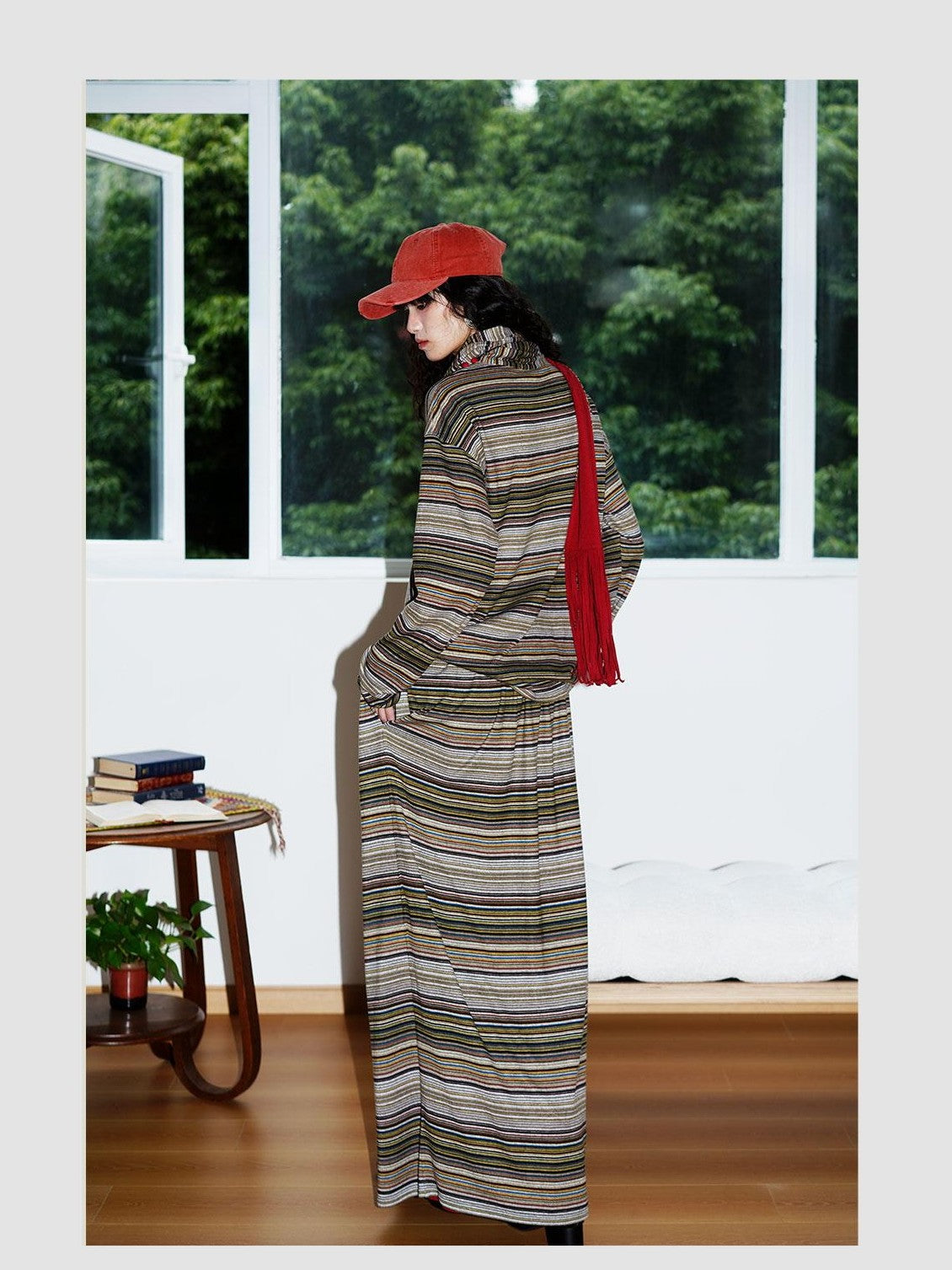 badtaste Striped Colorblock Drawstring Low Waist H Straight Women's Brushed Midi Skirts