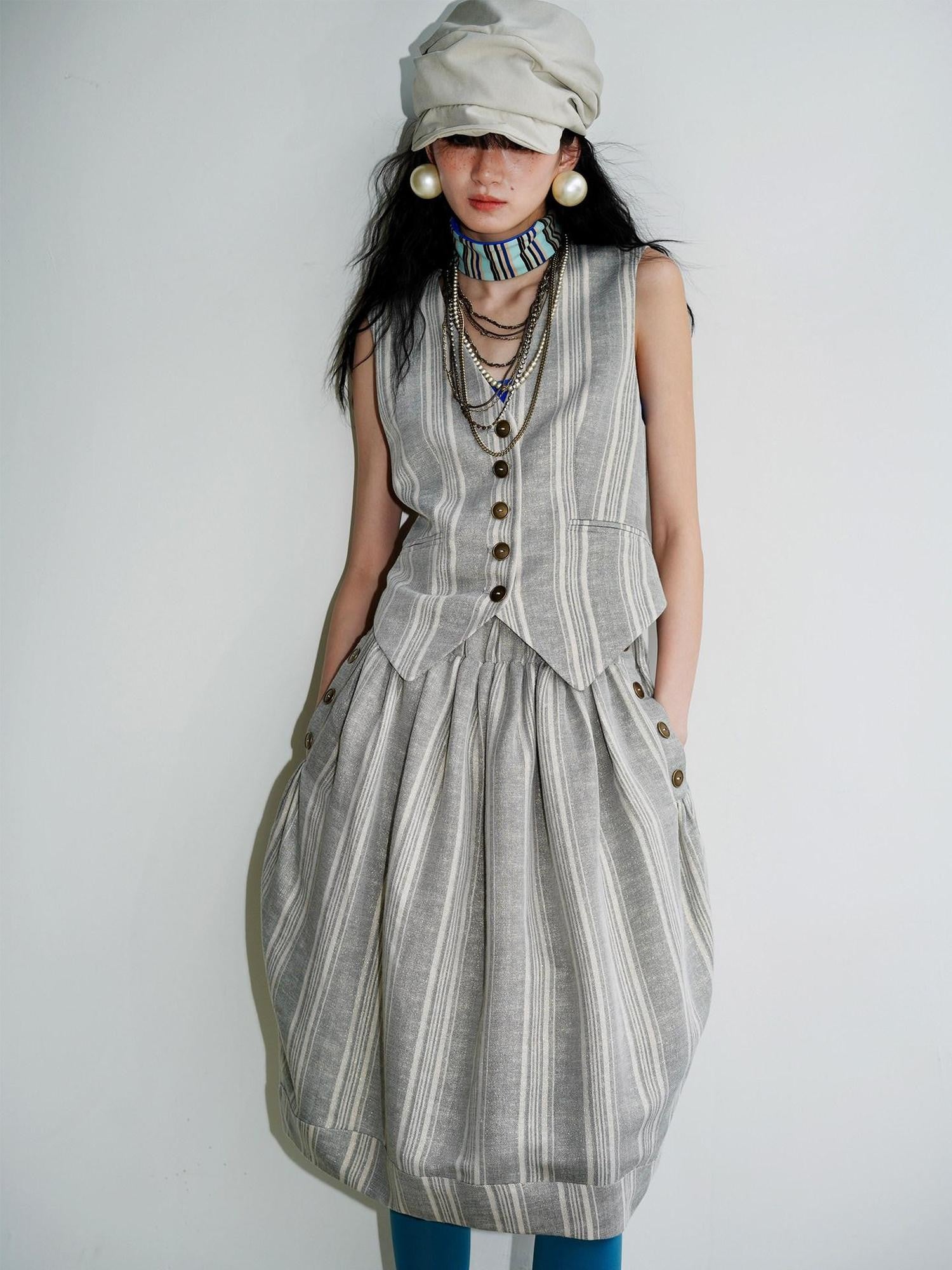 badtaste Striped Double Layer Fold Lantern Vintage Loose Women's Midi Skirts