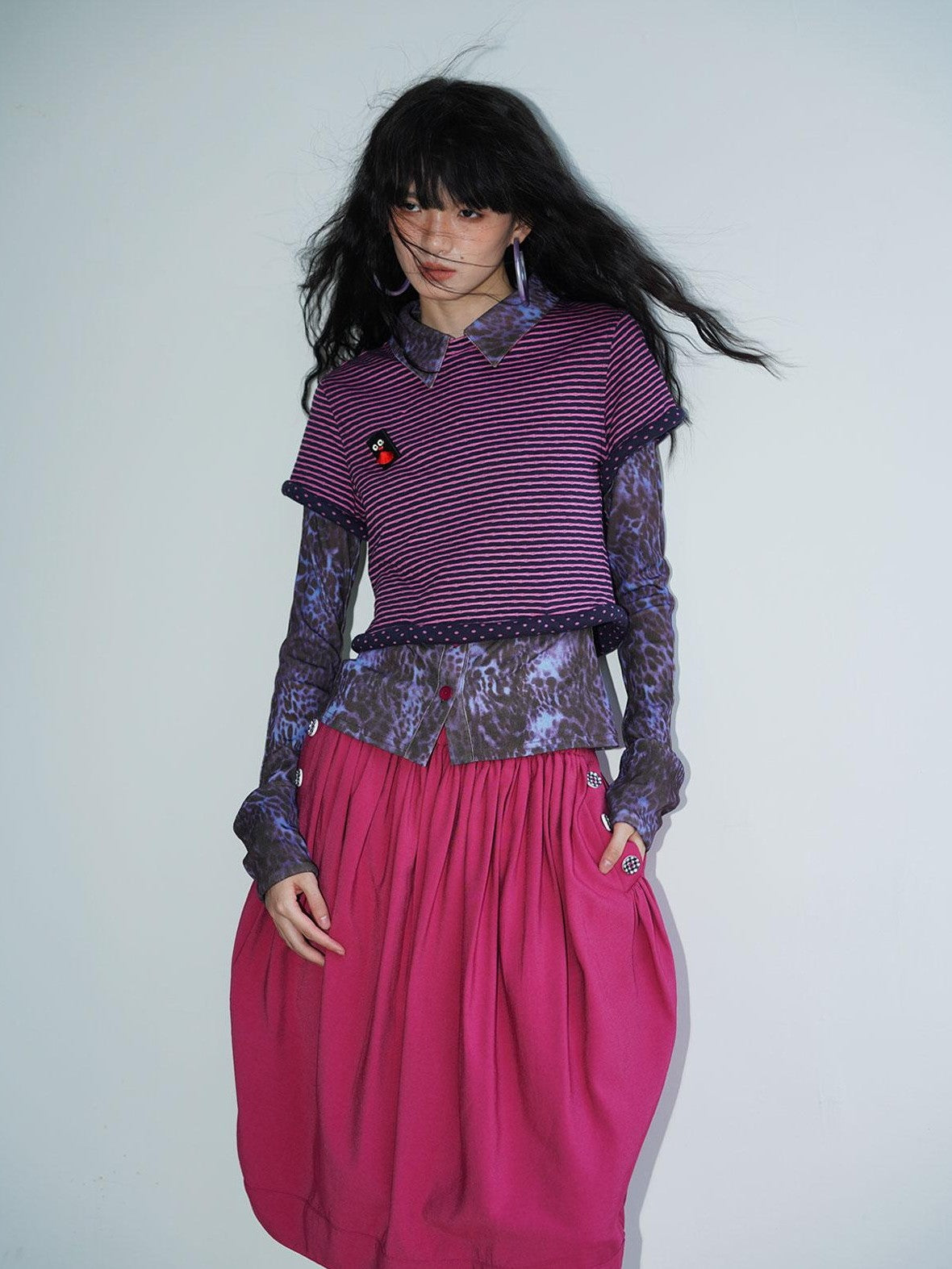 badtaste Striped Double Layer Fold Lantern Vintage Loose Women's Midi Skirts