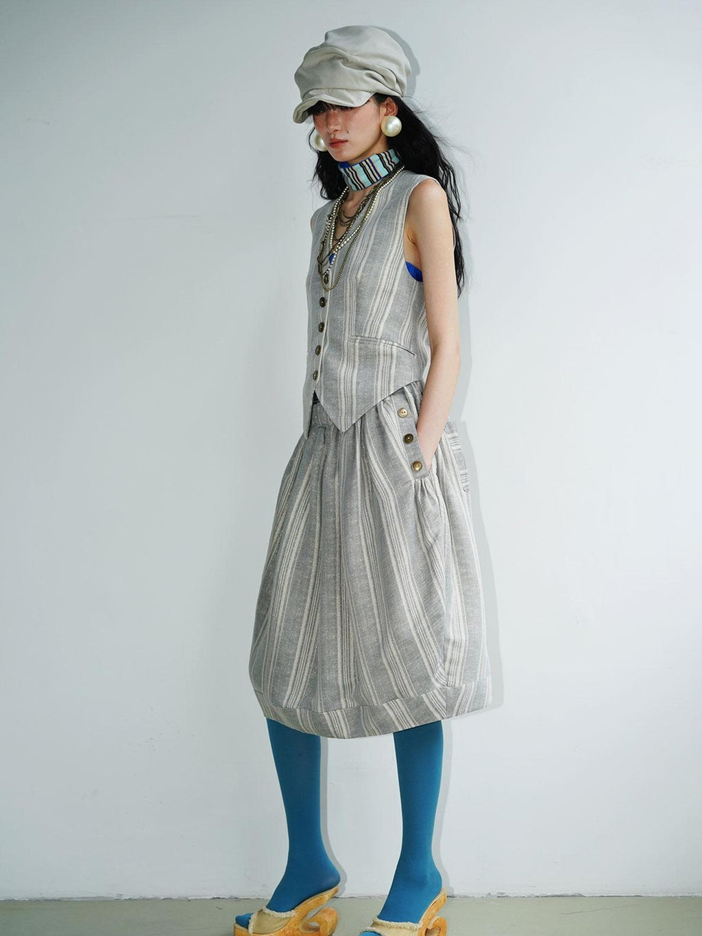 badtaste Striped Double Layer Fold Lantern Vintage Loose Women's Midi Skirts