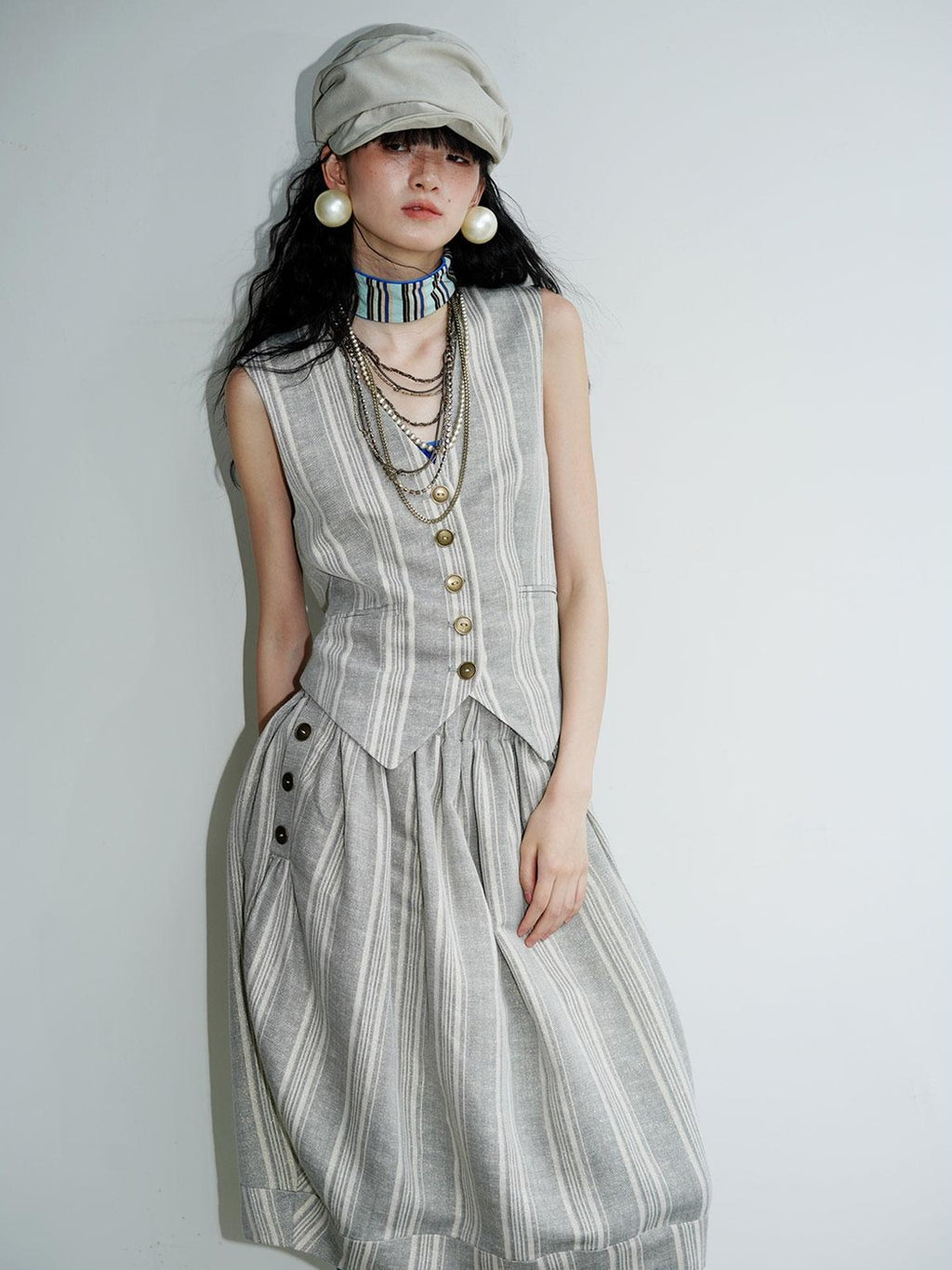 badtaste Striped Double Layer Fold Lantern Vintage Loose Women's Midi Skirts