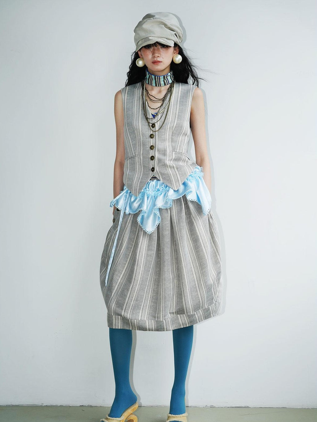 badtaste Striped Double Layer Fold Lantern Vintage Loose Women's Midi Skirts