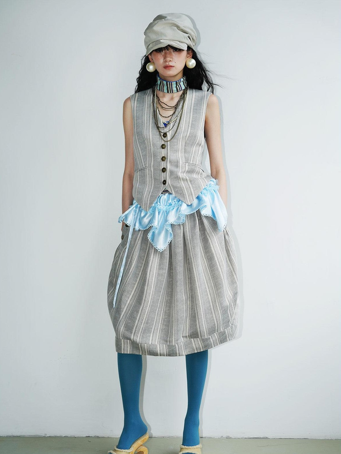 badtaste Striped Double Layer Fold Lantern Vintage Loose Women's Midi Skirts
