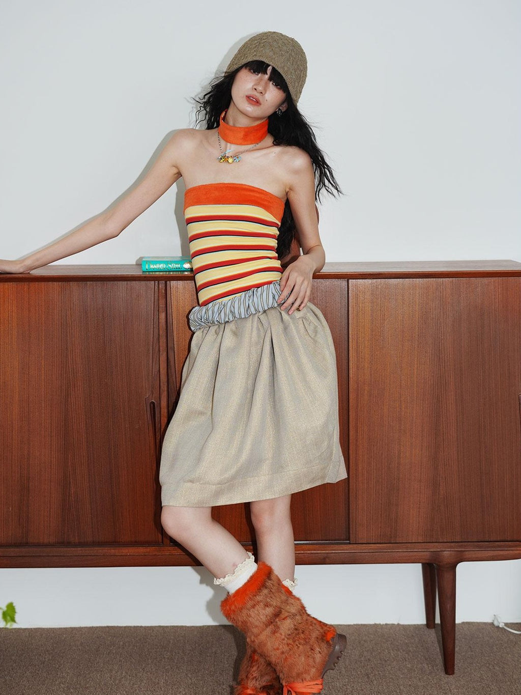 badtaste Striped Double Layer Fold Lantern Vintage Loose Women's Midi Skirts