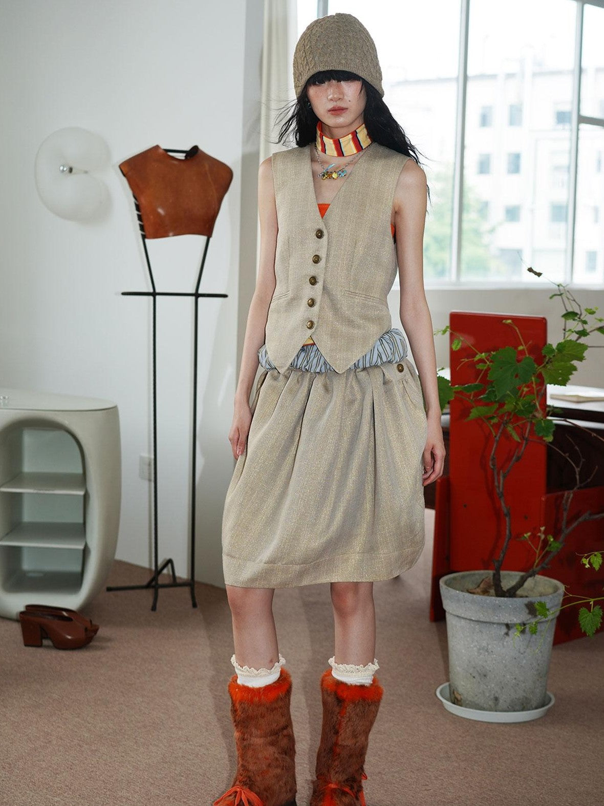 badtaste Striped Double Layer Fold Lantern Vintage Loose Women's Midi Skirts