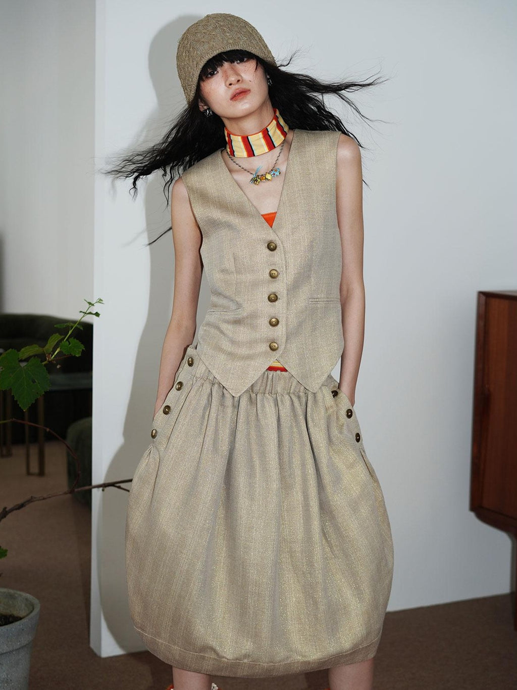 badtaste Striped Double Layer Fold Lantern Vintage Loose Women's Midi Skirts