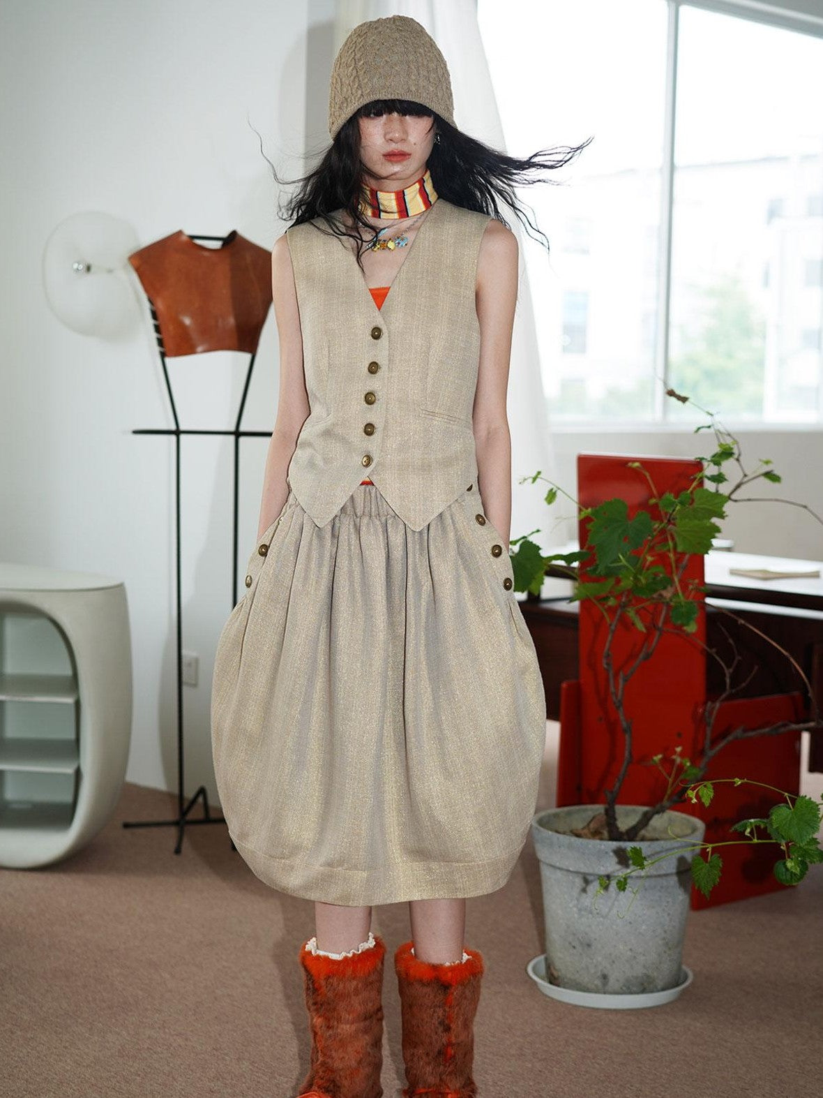 badtaste Striped Double Layer Fold Lantern Vintage Loose Women's Midi Skirts