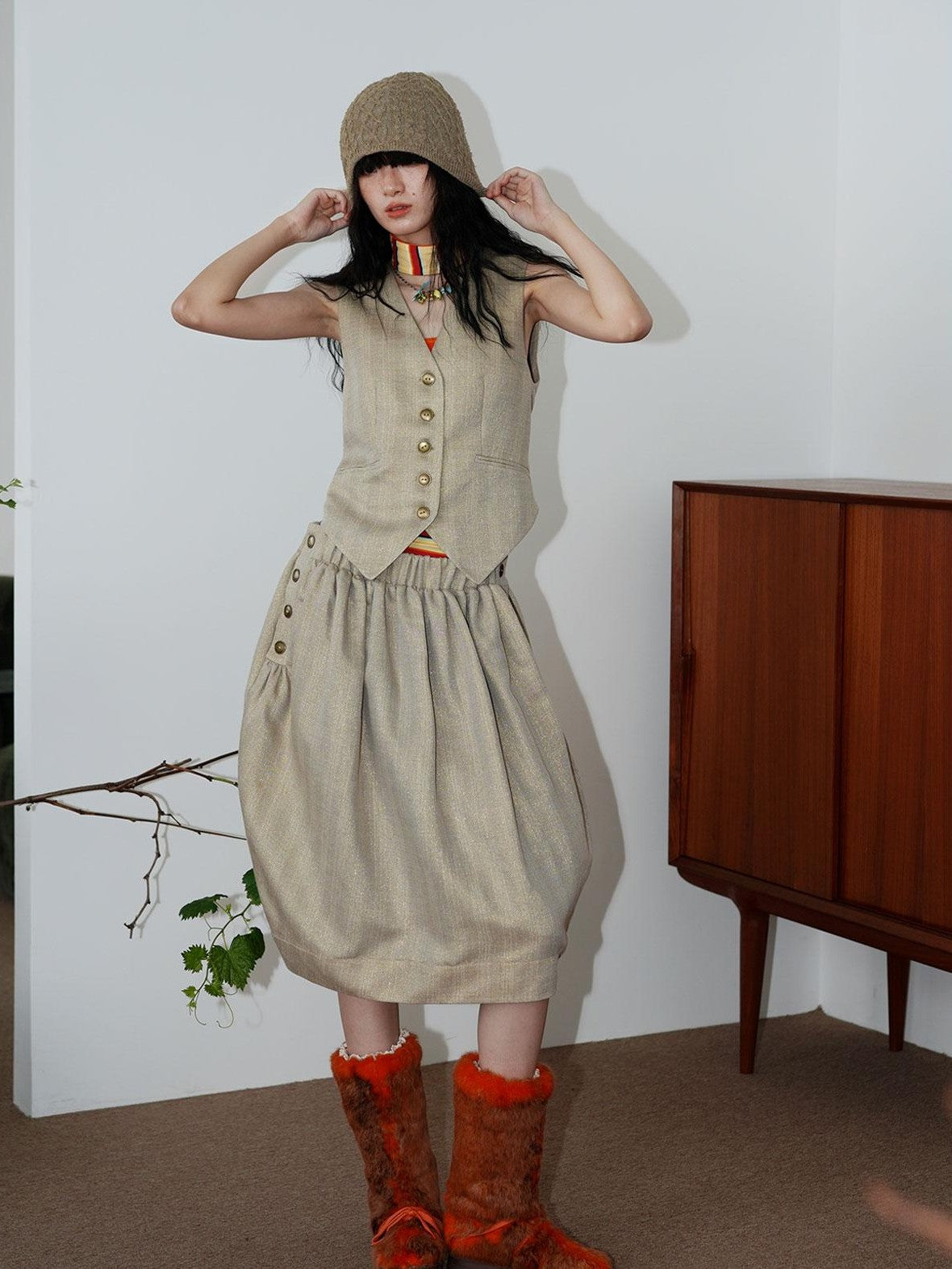 badtaste Striped Double Layer Fold Lantern Vintage Loose Women's Midi Skirts