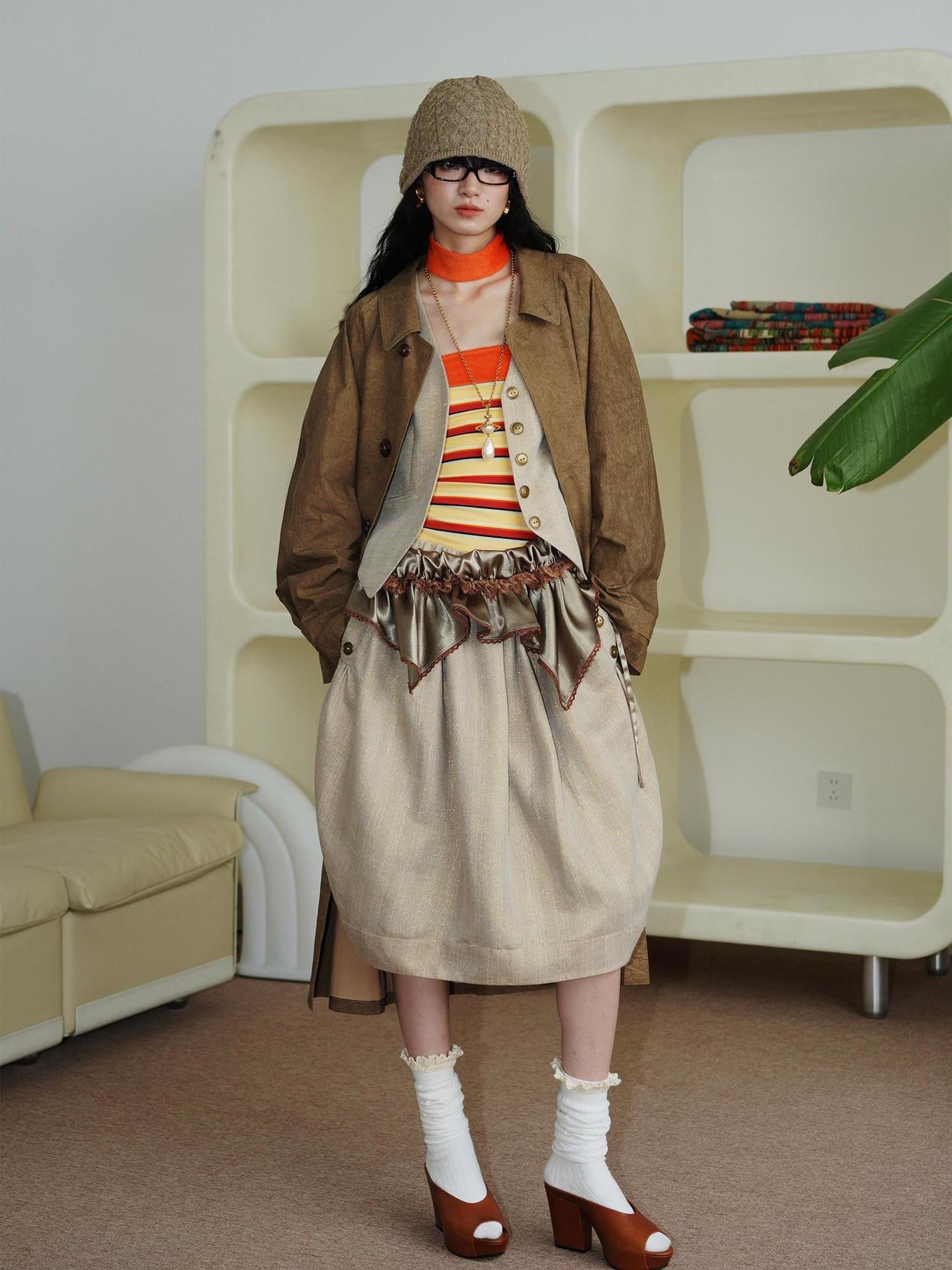 badtaste Striped Double Layer Fold Lantern Vintage Loose Women's Midi Skirts