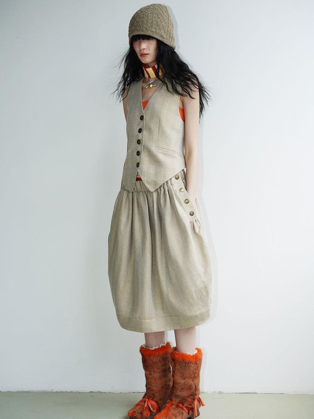 badtaste Striped Double Layer Fold Lantern Vintage Loose Women's Midi Skirts