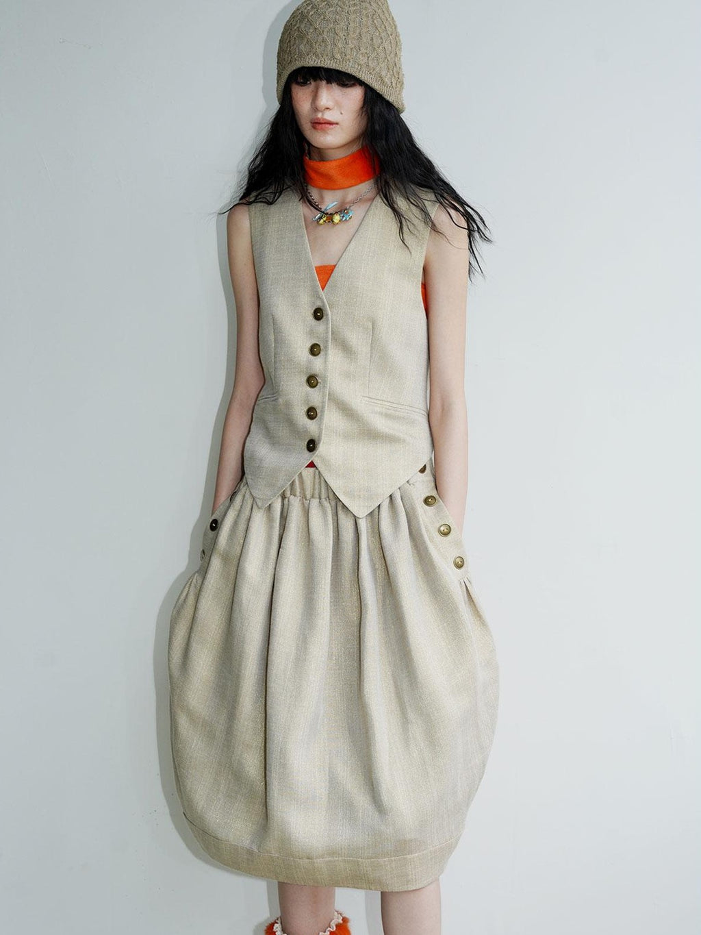 badtaste Striped Double Layer Fold Lantern Vintage Loose Women's Midi Skirts