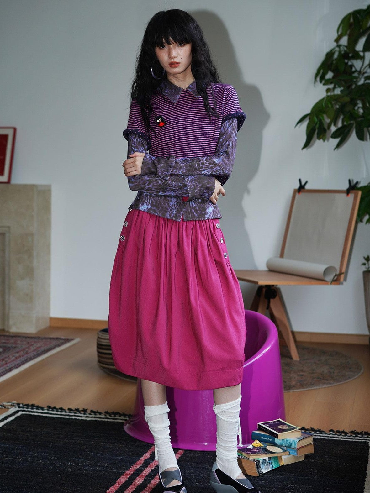 badtaste Striped Double Layer Fold Lantern Vintage Loose Women's Midi Skirts