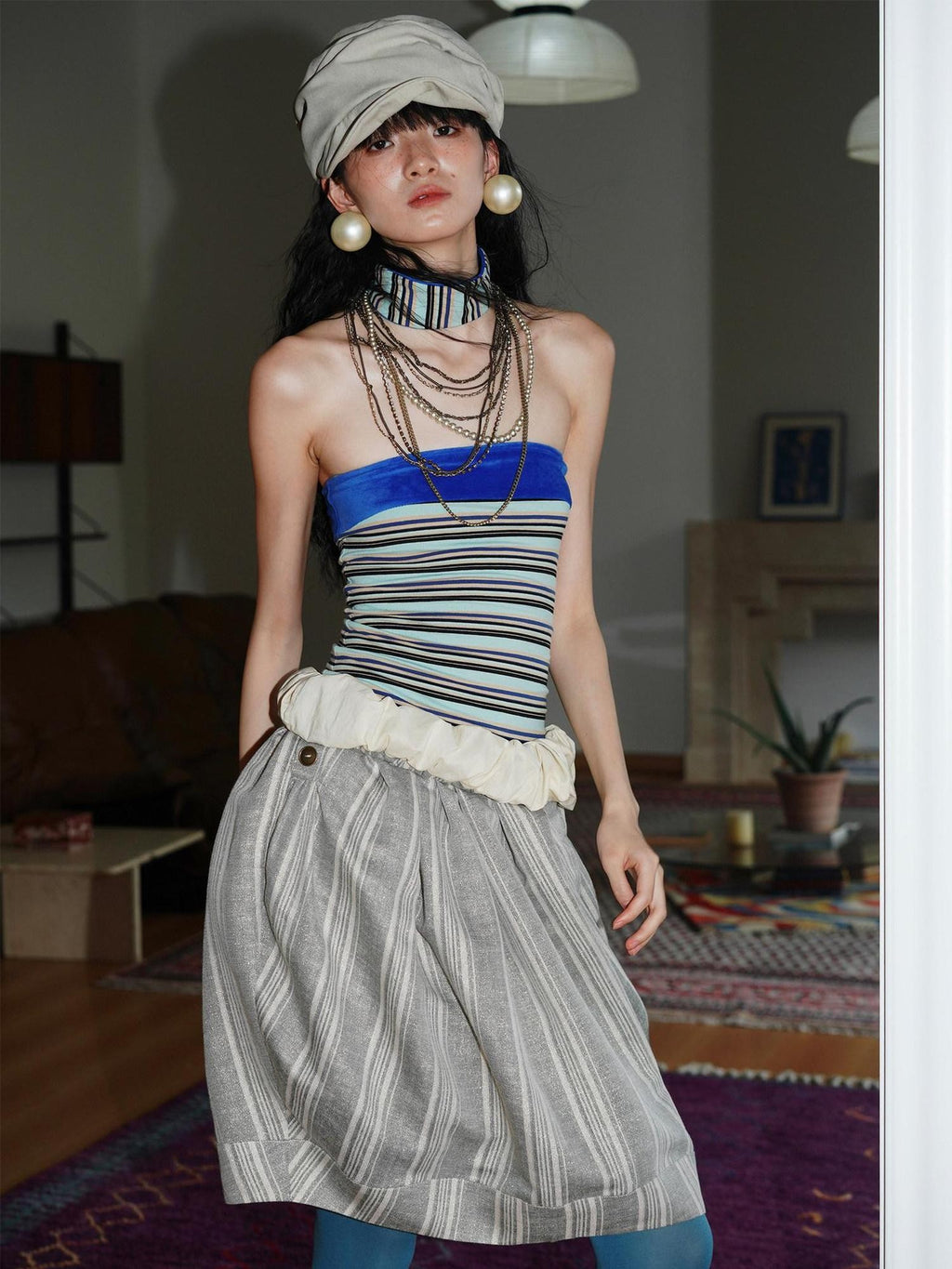 badtaste Striped Double Layer Fold Lantern Vintage Loose Women's Midi Skirts