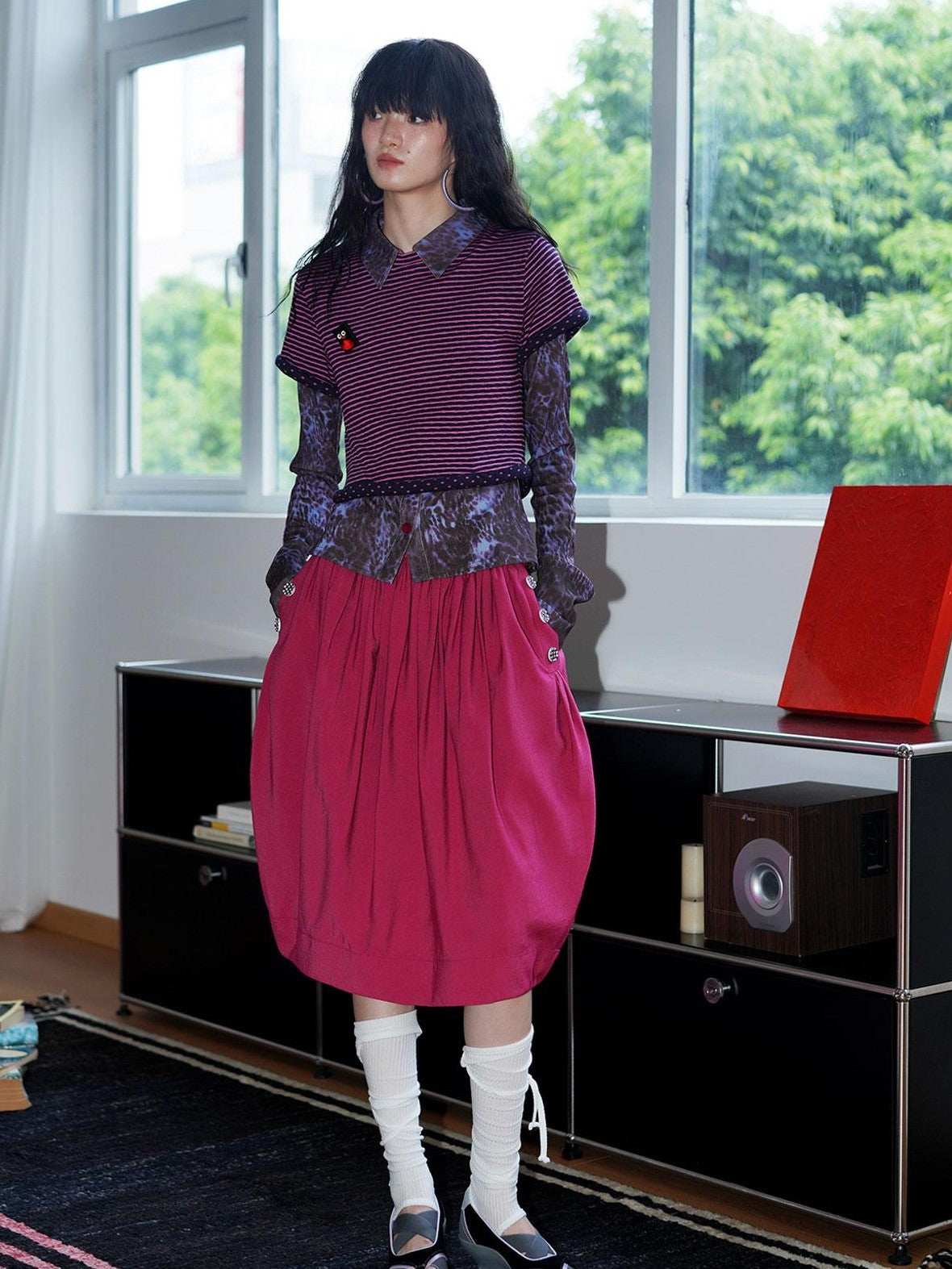 badtaste Striped Double Layer Fold Lantern Vintage Loose Women's Midi Skirts