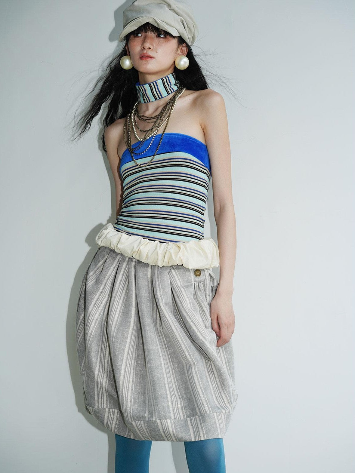 badtaste Striped Double Layer Fold Lantern Vintage Loose Women's Midi Skirts