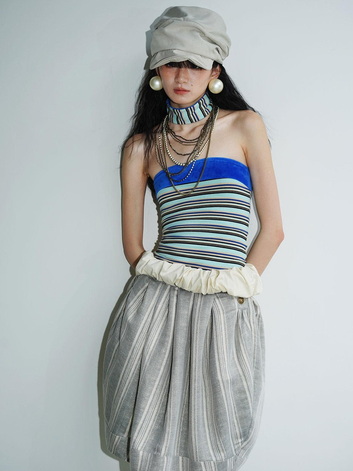 badtaste Striped Double Layer Fold Lantern Vintage Loose Women's Midi Skirts