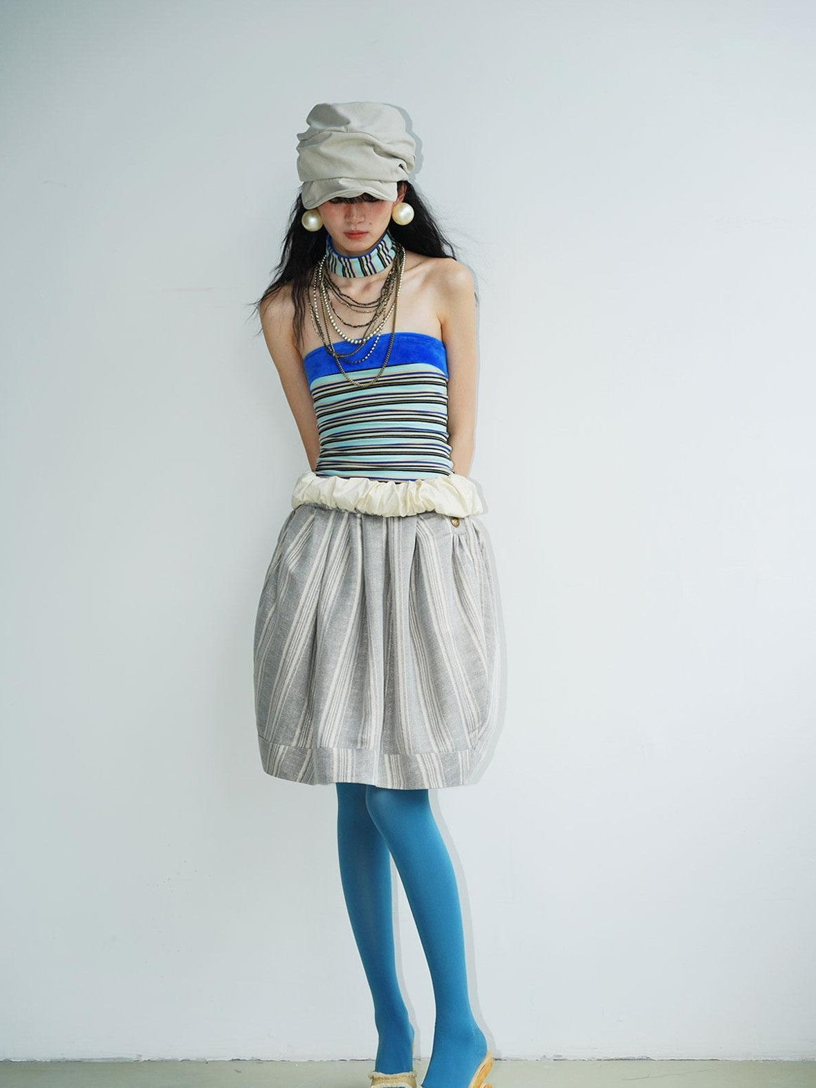 badtaste Striped Double Layer Fold Lantern Vintage Loose Women's Midi Skirts