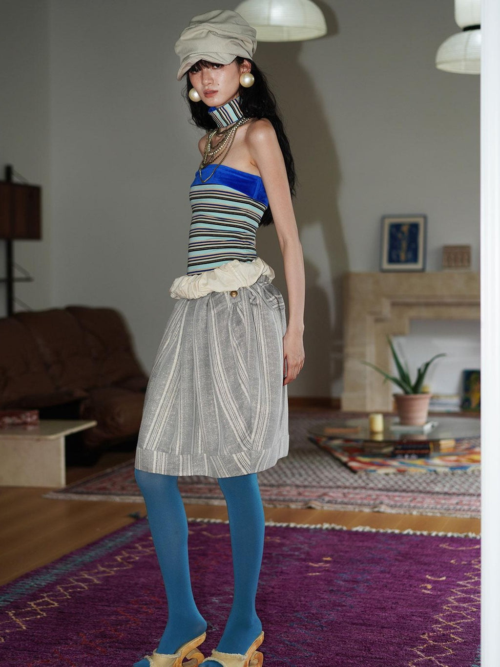 badtaste Striped Double Layer Fold Lantern Vintage Loose Women's Midi Skirts