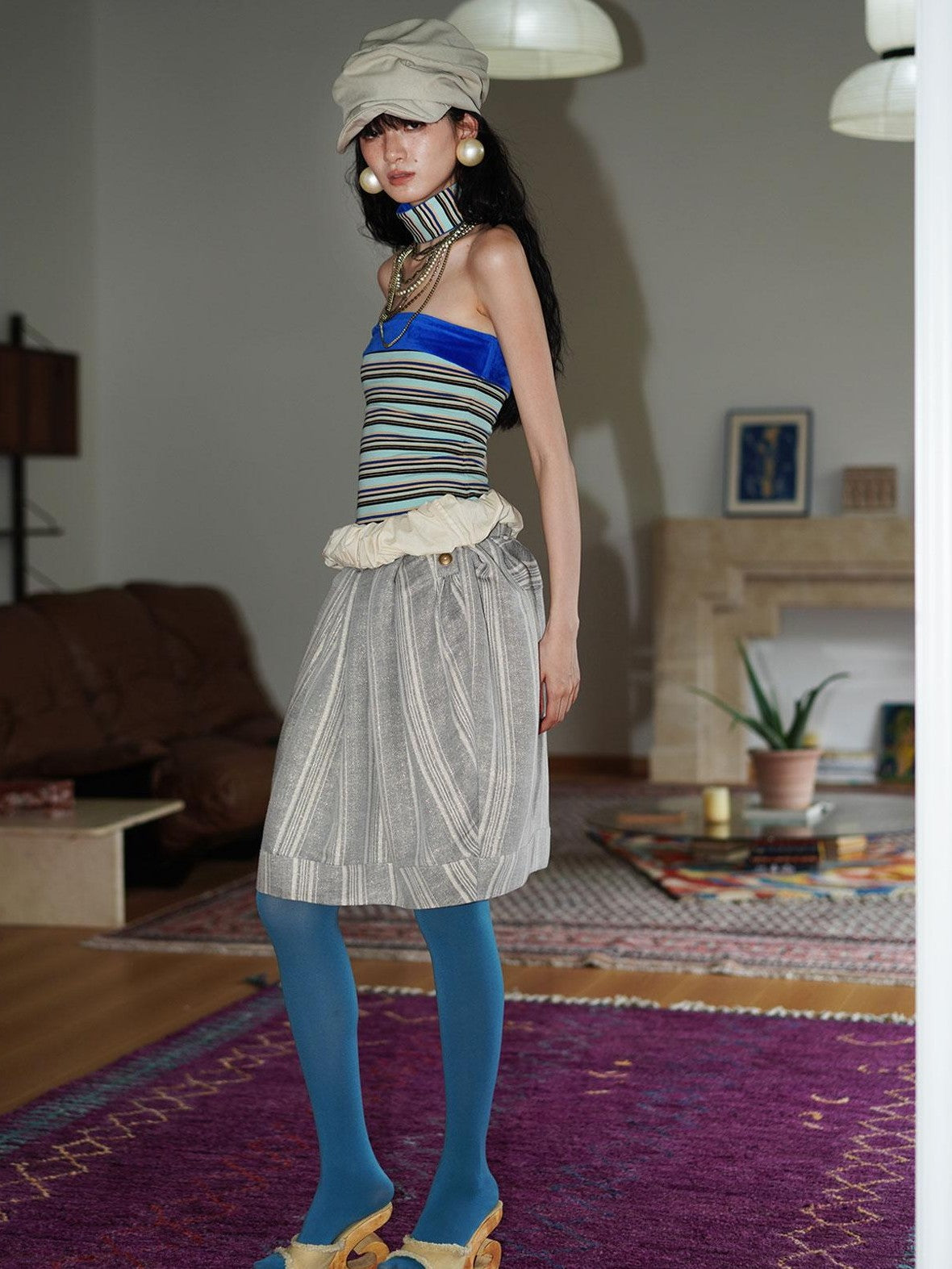 badtaste Striped Double Layer Fold Lantern Vintage Loose Women's Midi Skirts