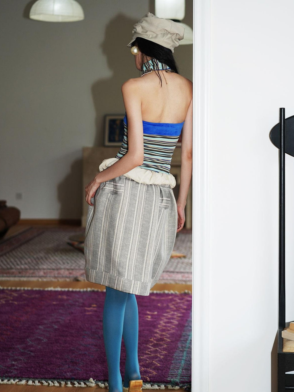 badtaste Striped Double Layer Fold Lantern Vintage Loose Women's Midi Skirts