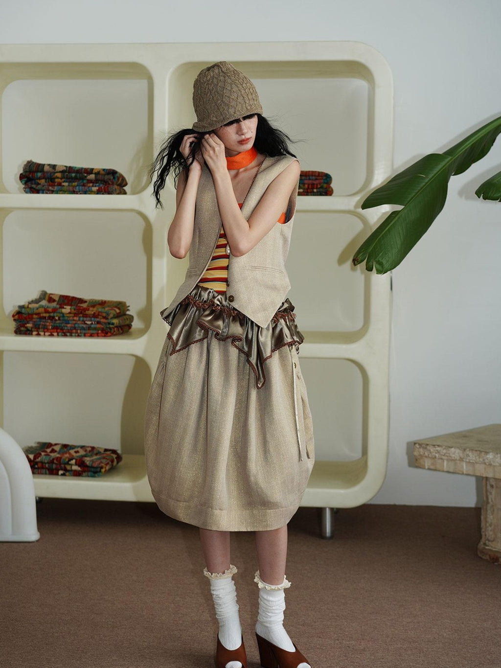 badtaste Striped Double Layer Fold Lantern Vintage Loose Women's Midi Skirts