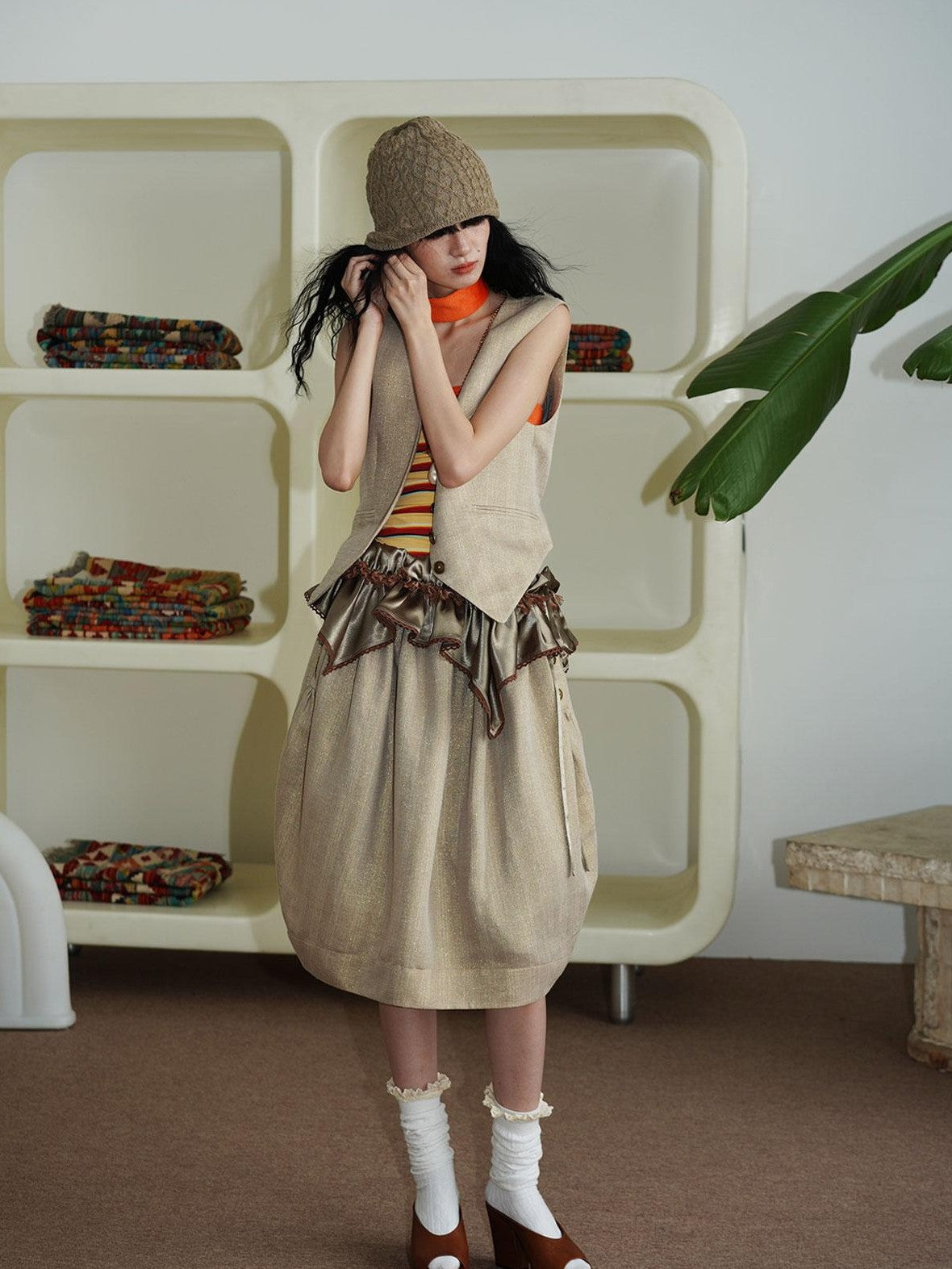 badtaste Striped Double Layer Fold Lantern Vintage Loose Women's Midi Skirts