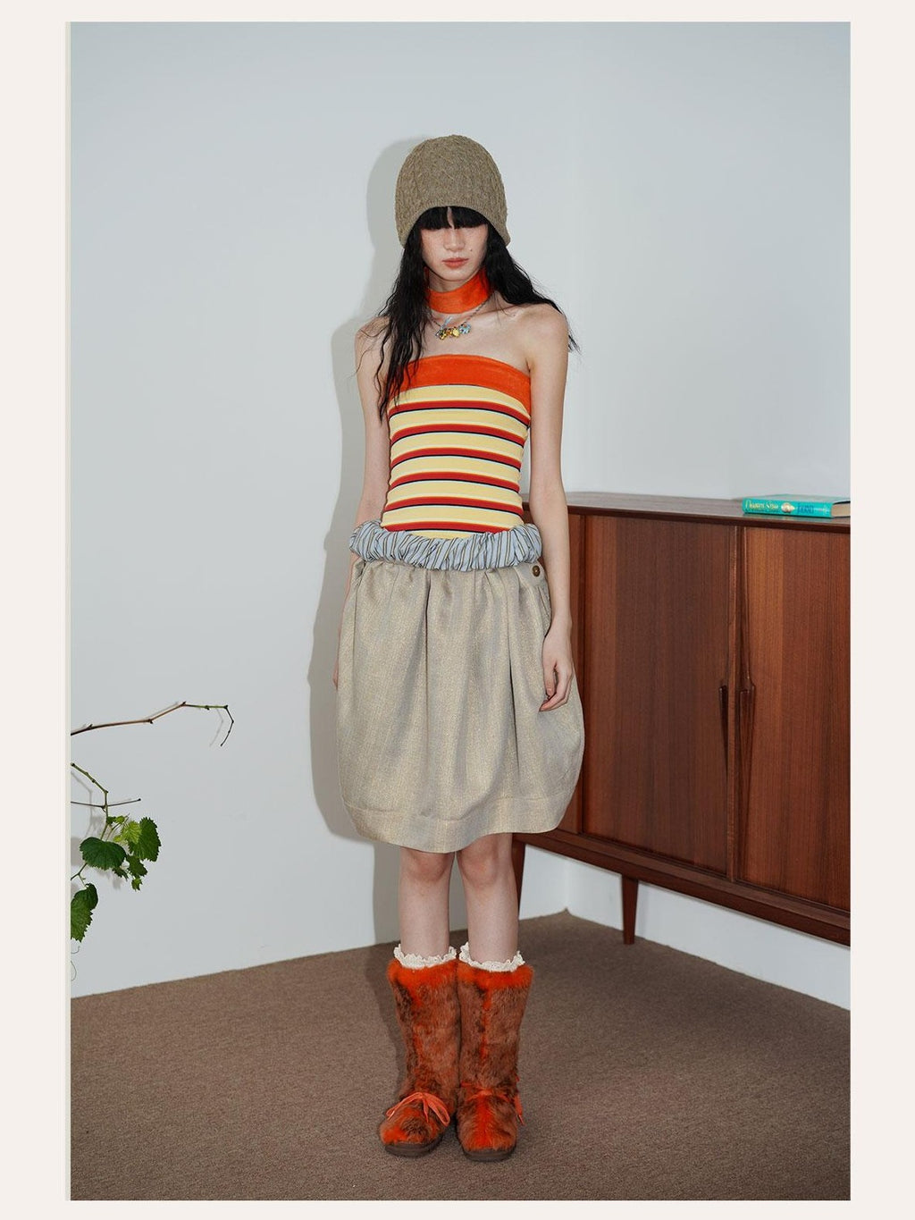 badtaste Striped Double Layer Fold Lantern Vintage Loose Women's Midi Skirts