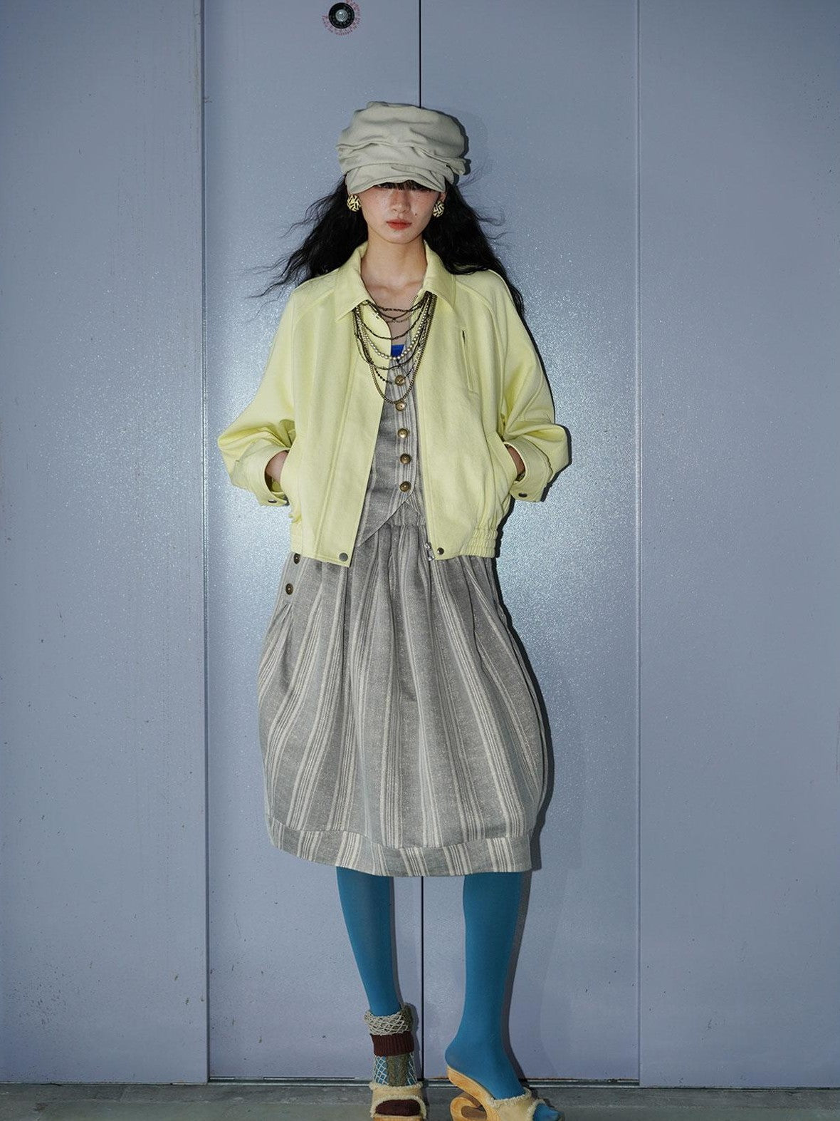 badtaste Striped Double Layer Fold Lantern Vintage Loose Women's Midi Skirts