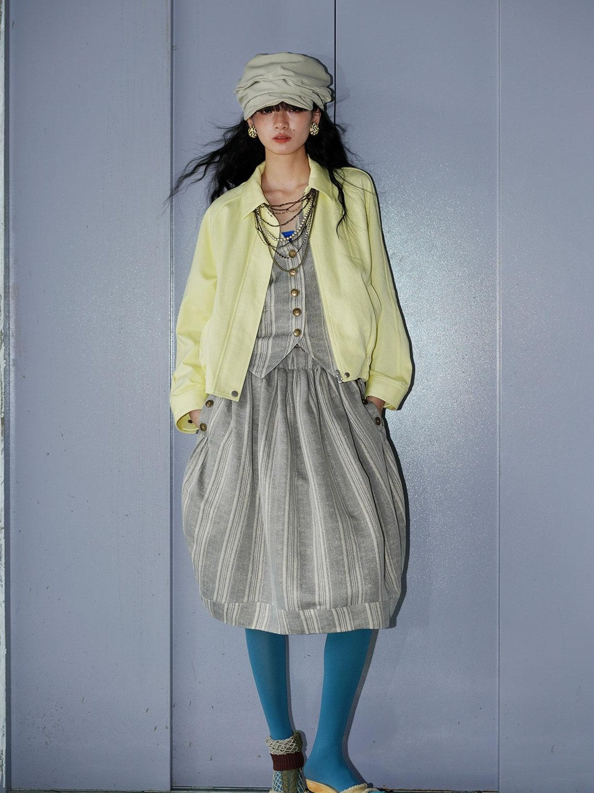 badtaste Striped Double Layer Fold Lantern Vintage Loose Women's Midi Skirts