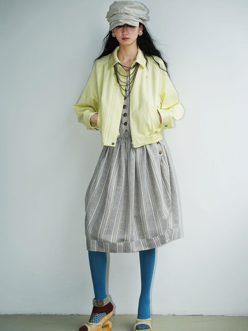 badtaste Striped Double Layer Fold Lantern Vintage Loose Women's Midi Skirts