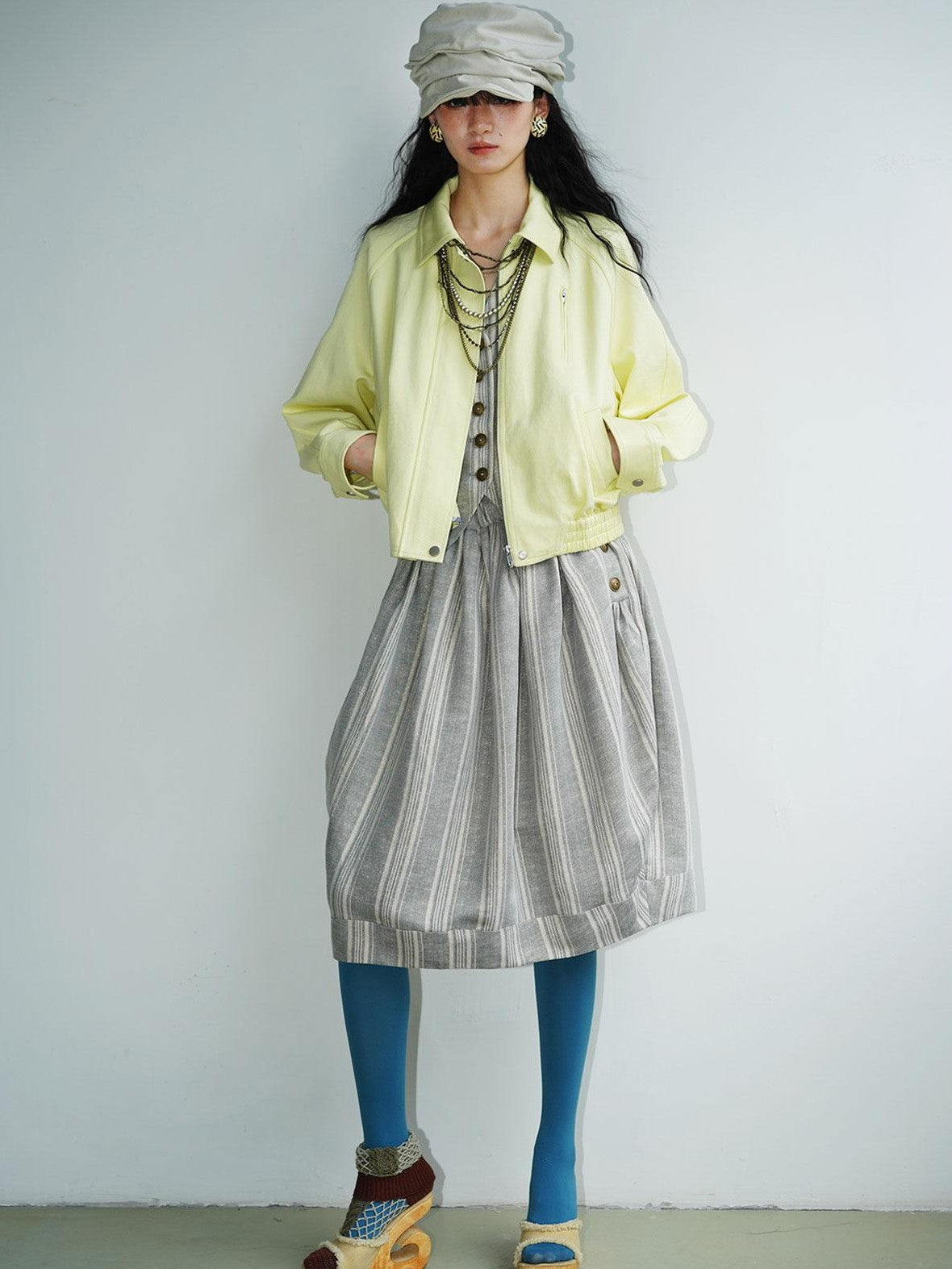 badtaste Striped Double Layer Fold Lantern Vintage Loose Women's Midi Skirts