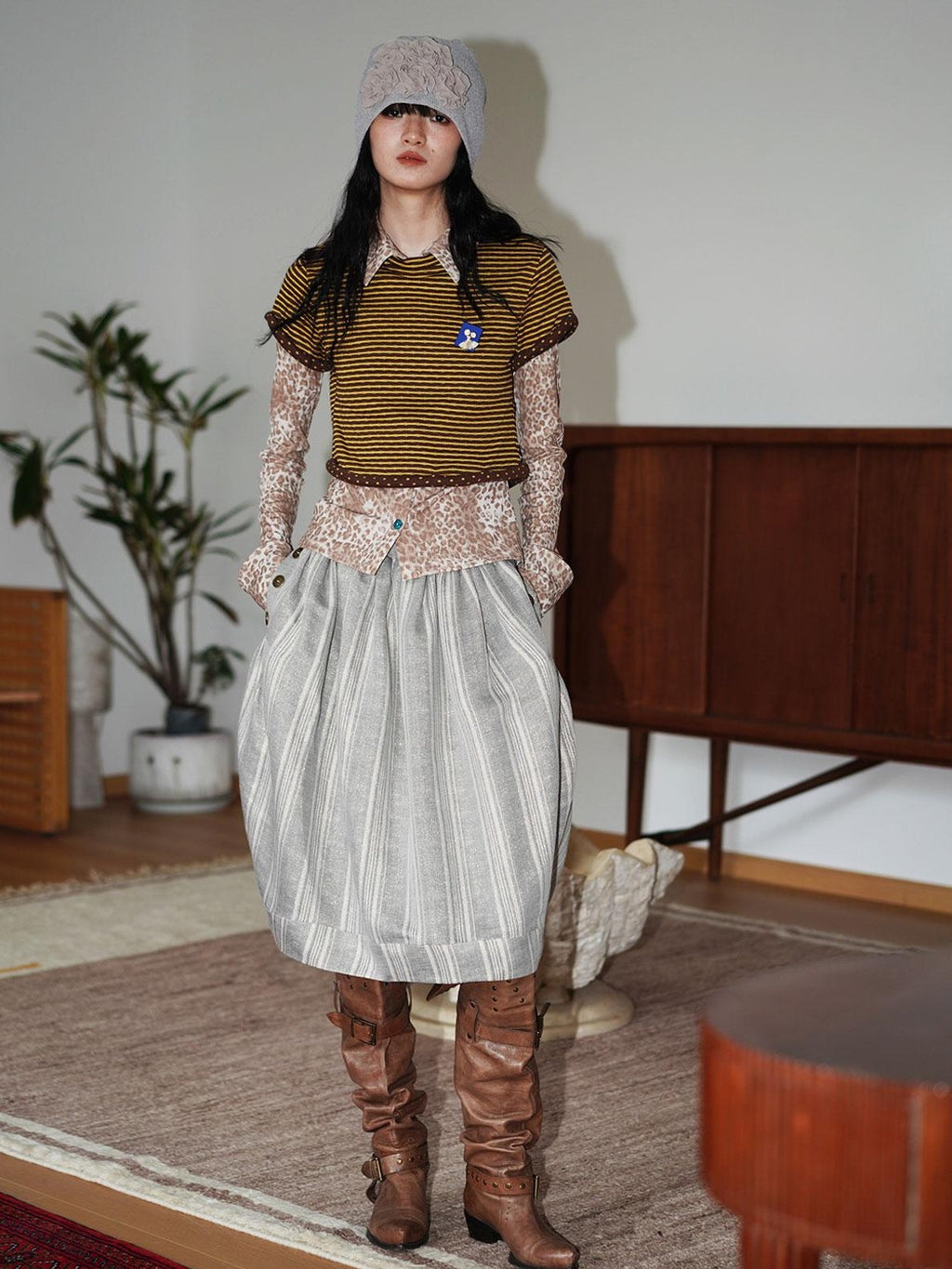 badtaste Striped Double Layer Fold Lantern Vintage Loose Women's Midi Skirts