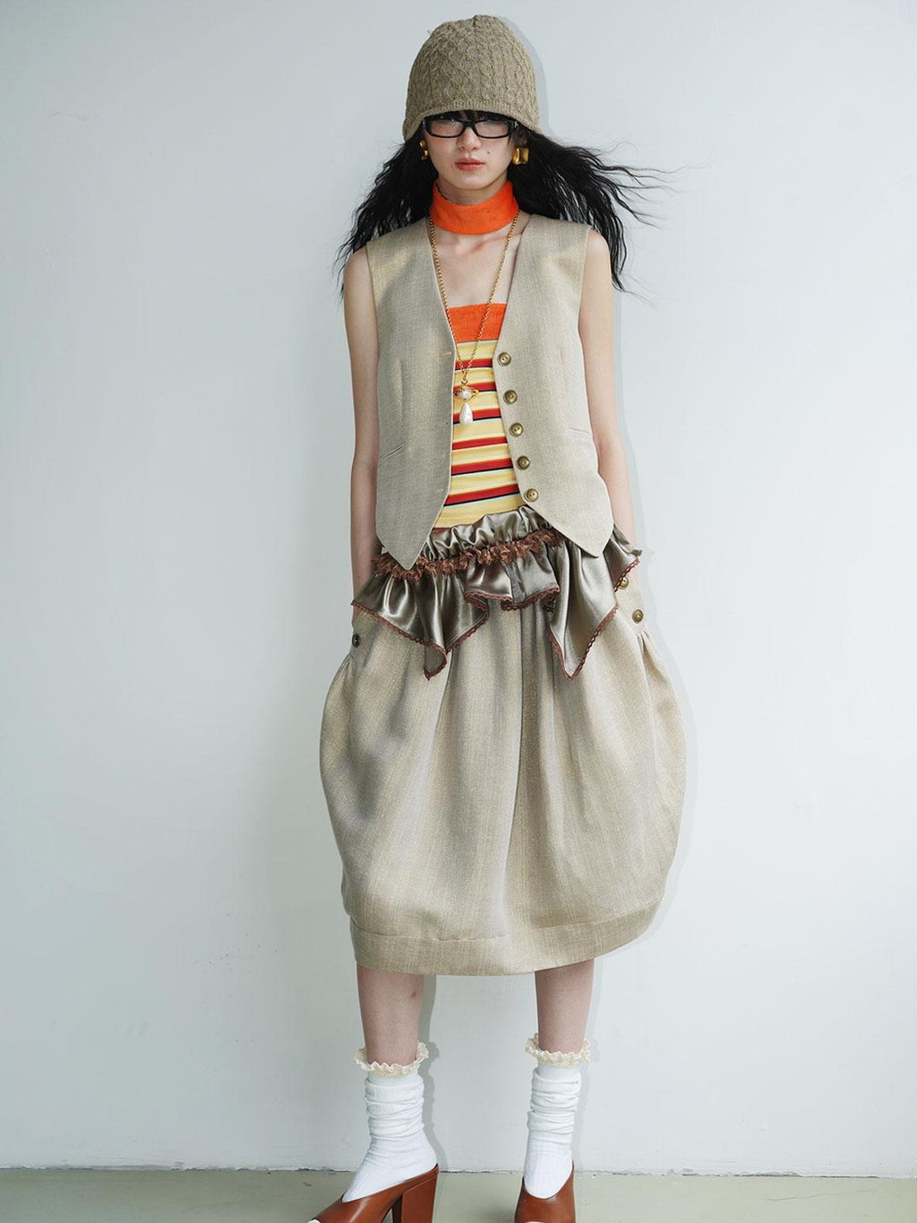 badtaste Striped Double Layer Fold Lantern Vintage Loose Women's Midi Skirts