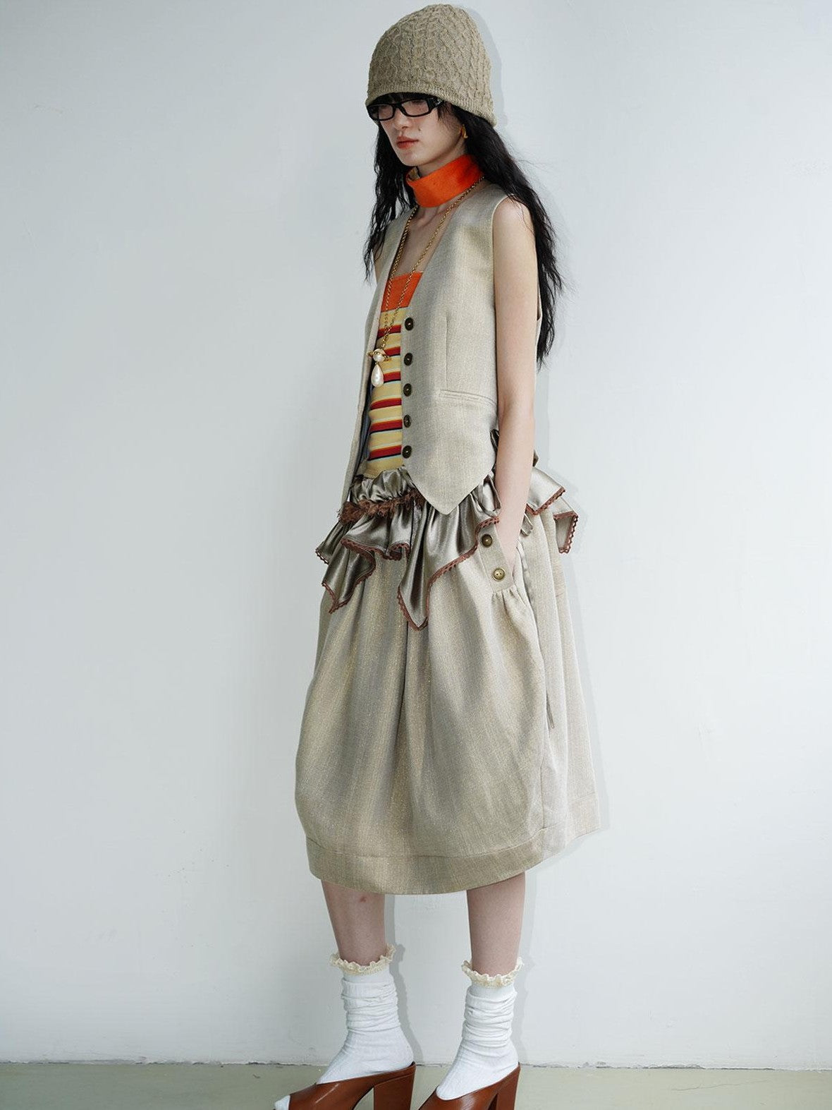 badtaste Striped Double Layer Fold Lantern Vintage Loose Women's Midi Skirts