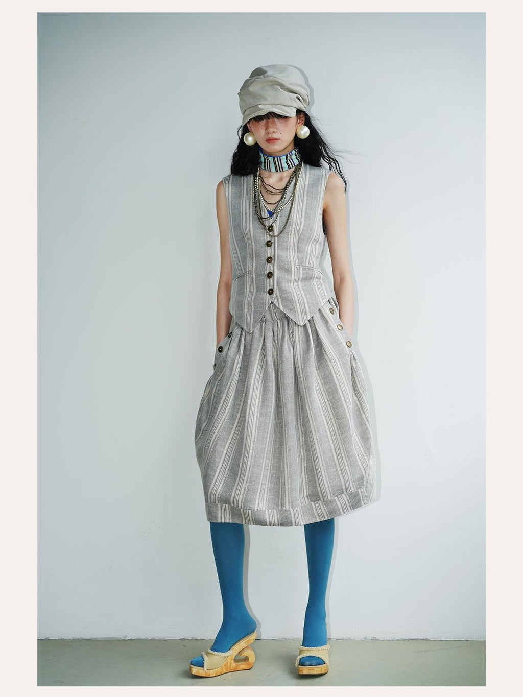 badtaste Striped Double Layer Fold Lantern Vintage Loose Women's Midi Skirts