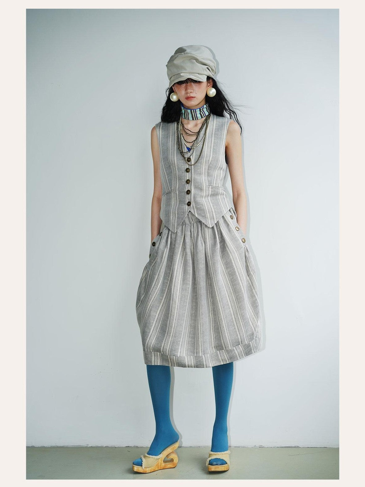 badtaste Striped Double Layer Fold Lantern Vintage Loose Women's Midi Skirts