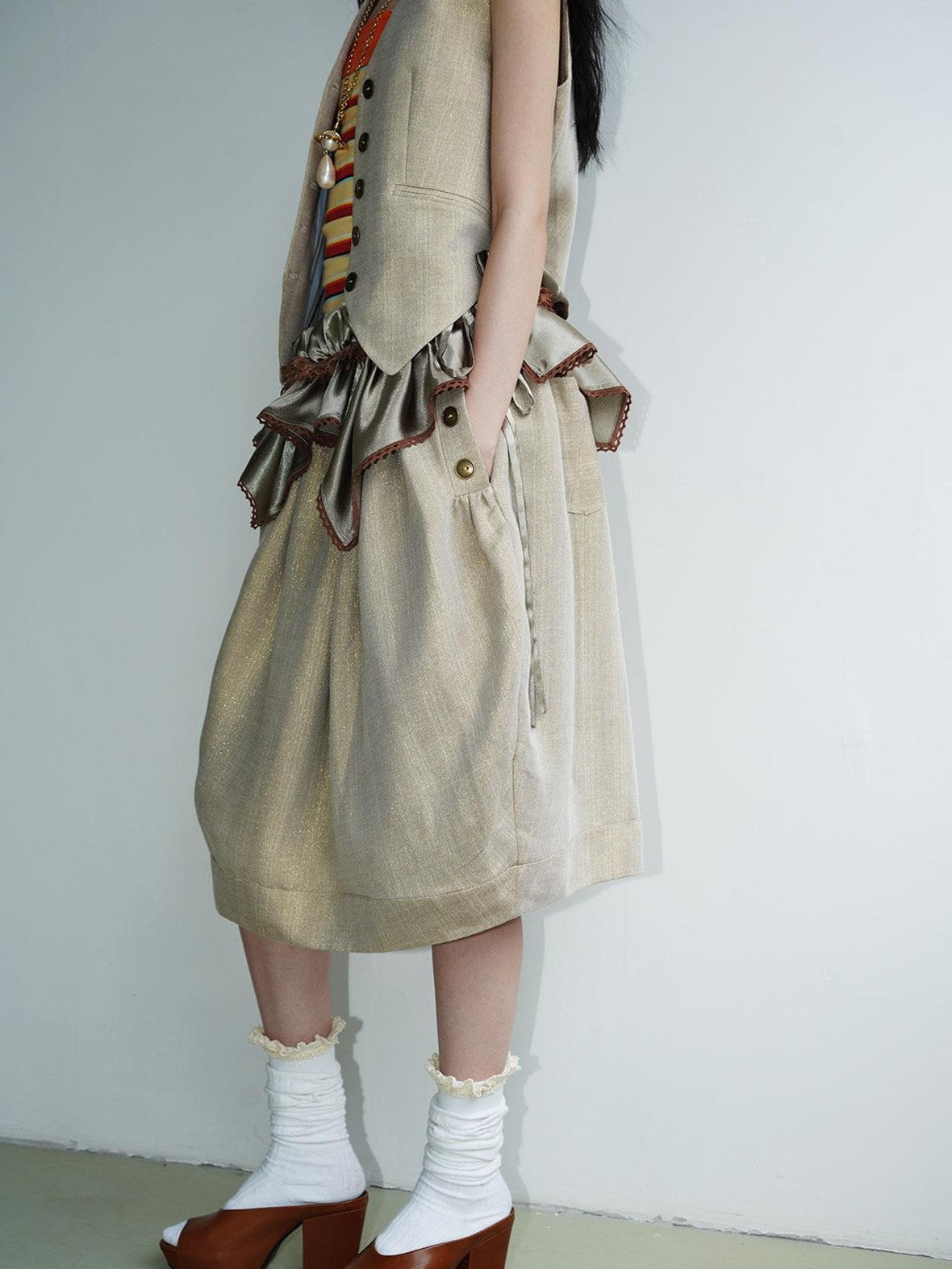 badtaste Striped Double Layer Fold Lantern Vintage Loose Women's Midi Skirts