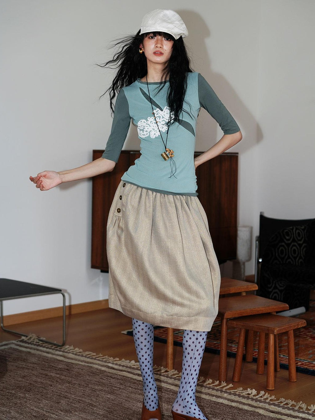 badtaste Striped Double Layer Fold Lantern Vintage Loose Women's Midi Skirts
