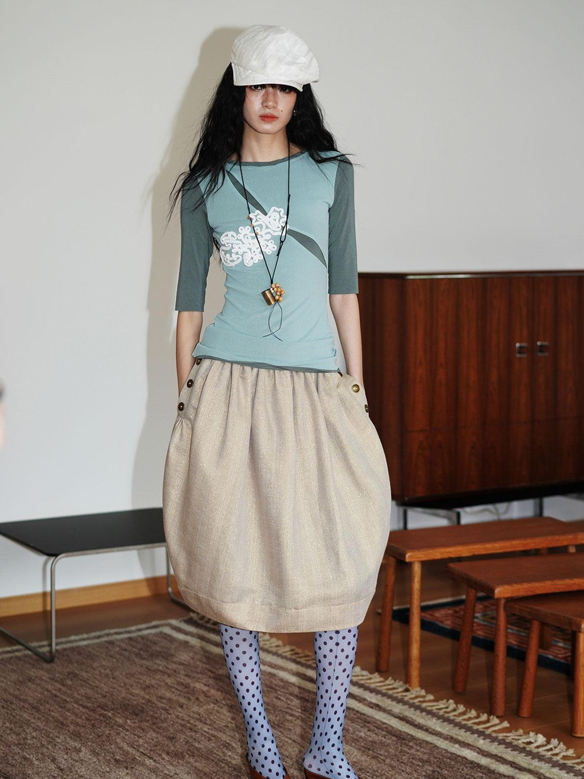 badtaste Striped Double Layer Fold Lantern Vintage Loose Women's Midi Skirts
