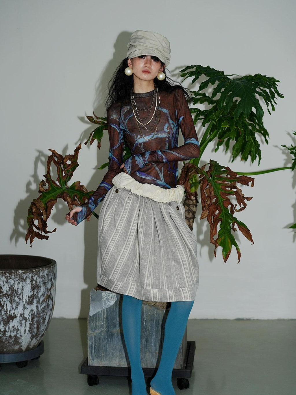 badtaste Striped Double Layer Fold Lantern Vintage Loose Women's Midi Skirts