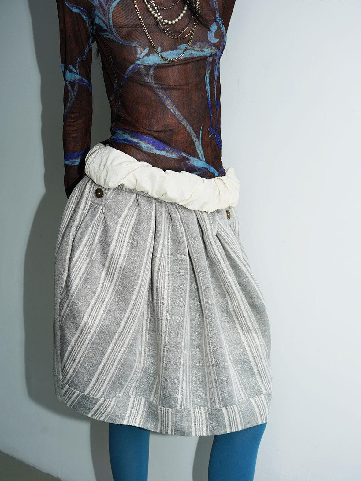 badtaste Striped Double Layer Fold Lantern Vintage Loose Women's Midi Skirts