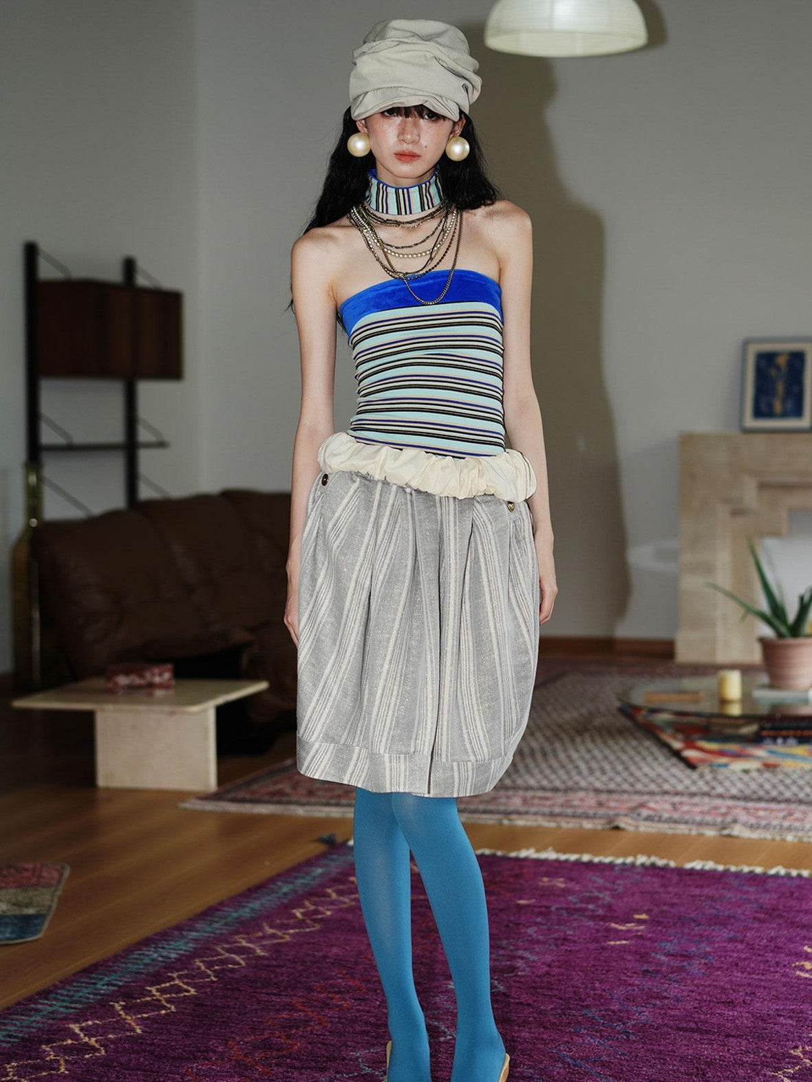 badtaste Striped Double Layer Fold Lantern Vintage Loose Women's Midi Skirts