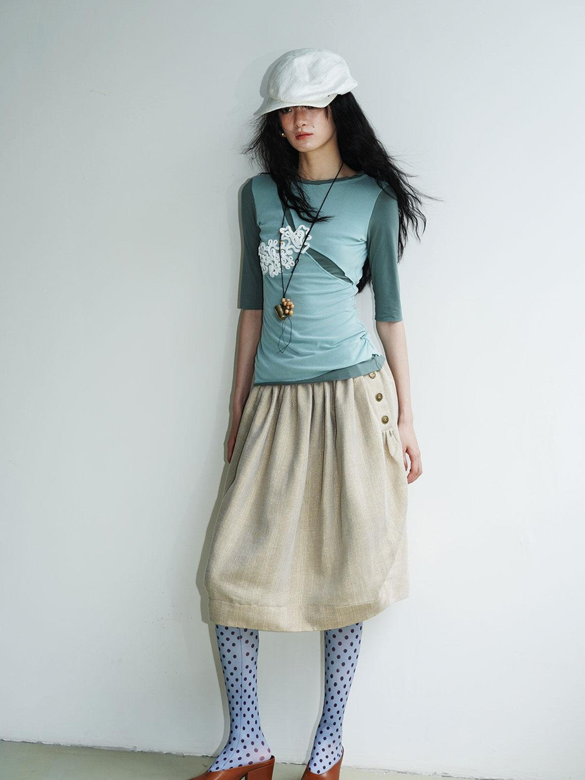 badtaste Striped Double Layer Fold Lantern Vintage Loose Women's Midi Skirts