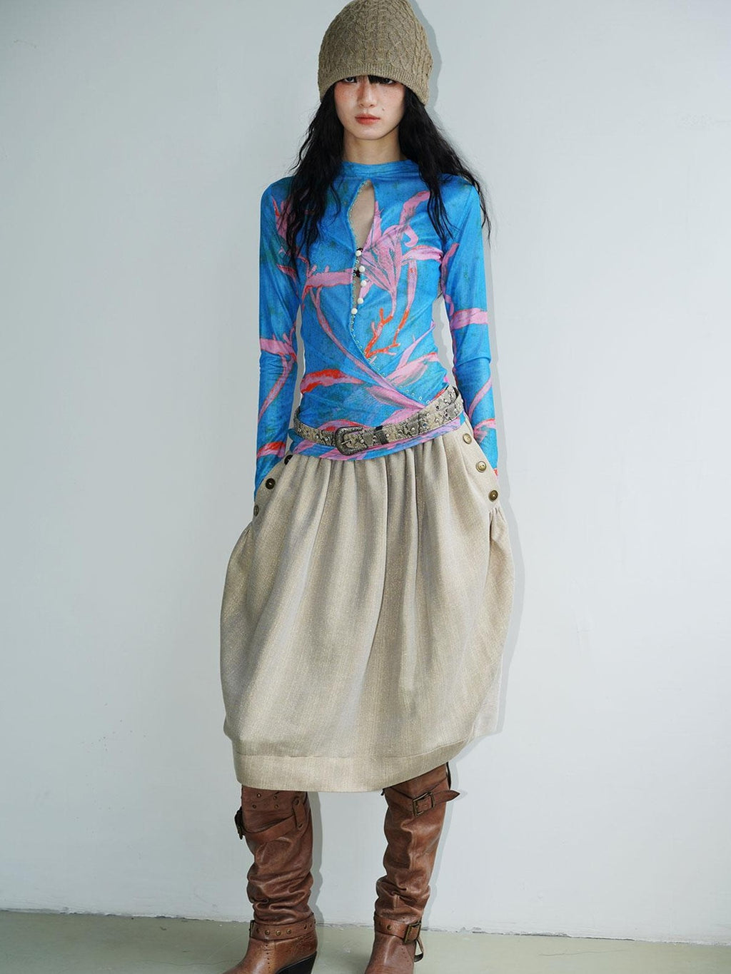 badtaste Striped Double Layer Fold Lantern Vintage Loose Women's Midi Skirts