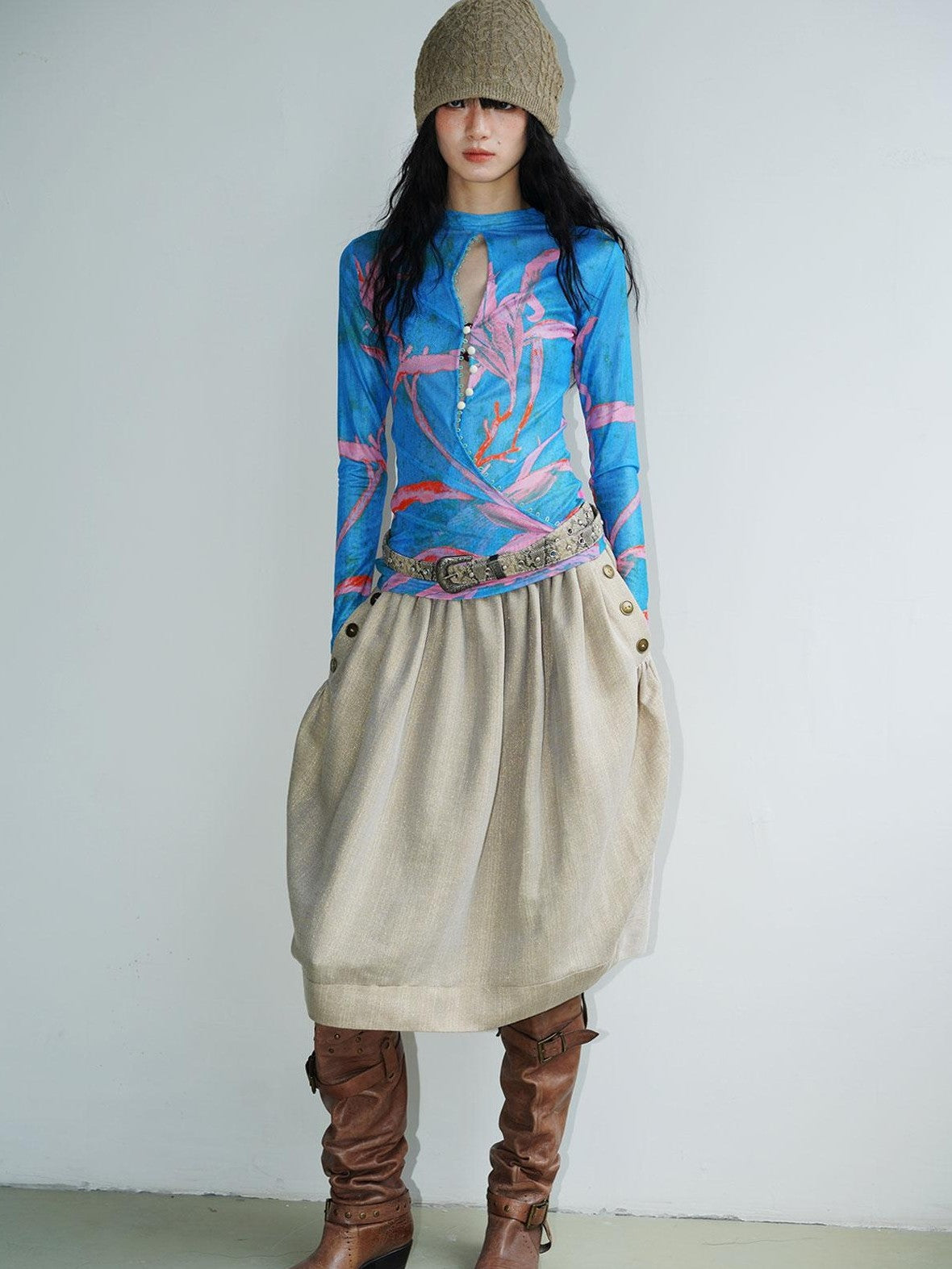 badtaste Striped Double Layer Fold Lantern Vintage Loose Women's Midi Skirts