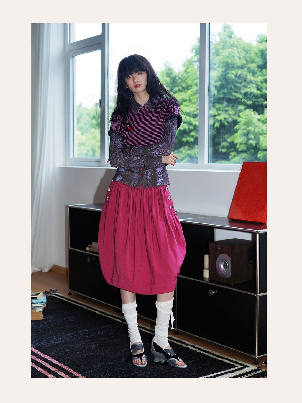 badtaste Striped Double Layer Fold Lantern Vintage Loose Women's Midi Skirts