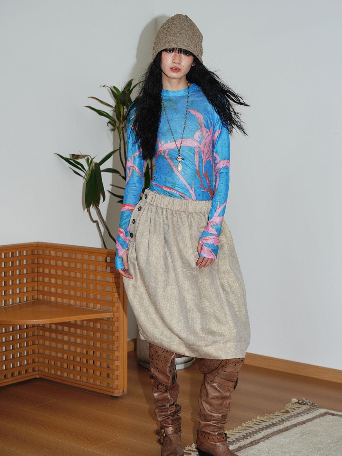 badtaste Striped Double Layer Fold Lantern Vintage Loose Women's Midi Skirts